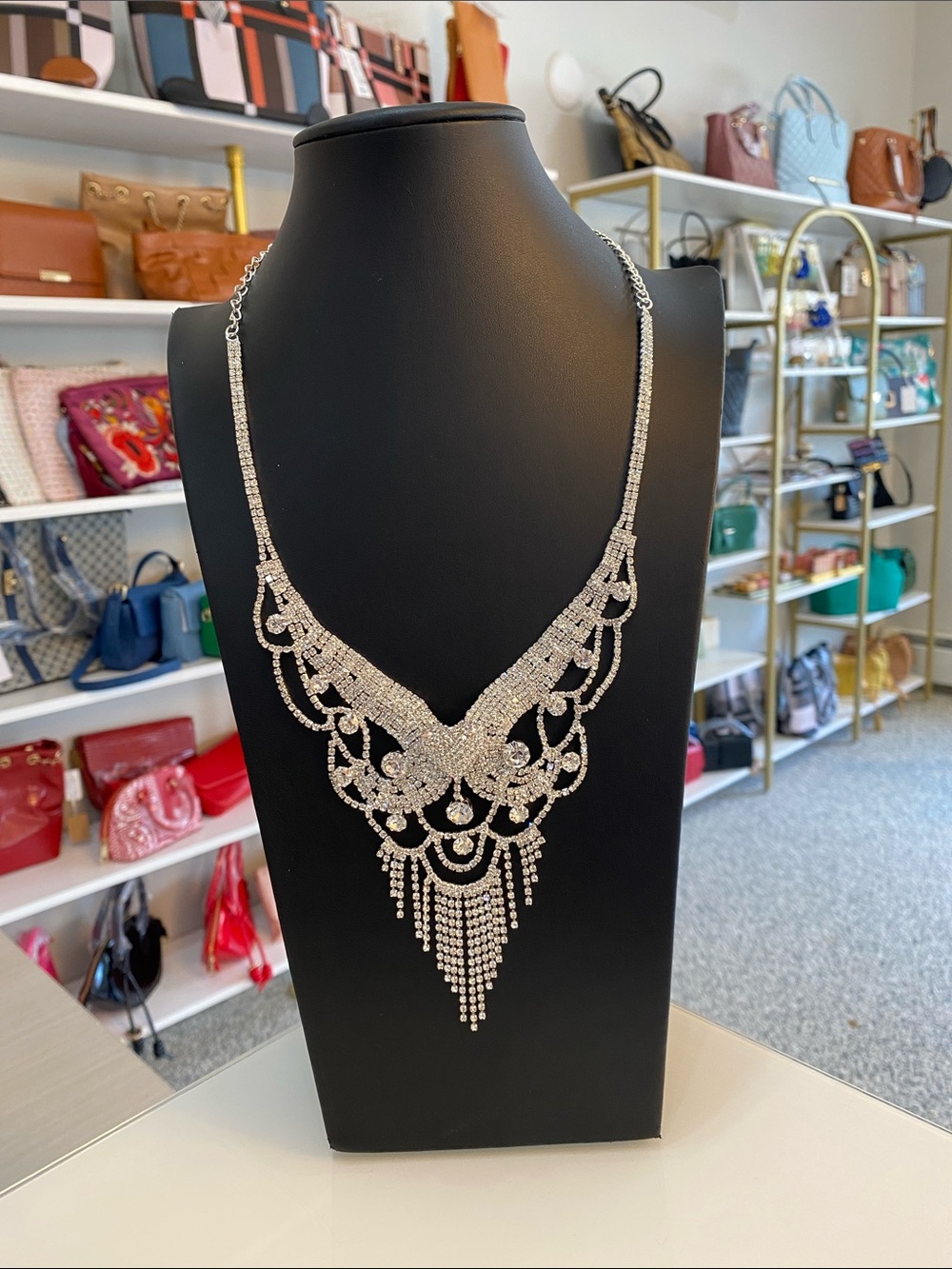 Crystal Statement Bib Necklace - Silver Tone